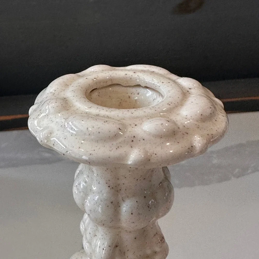 Vintage Holland Mold Ceramic Candlestick 7 In Speckled Cream Ornate Footed Taper
